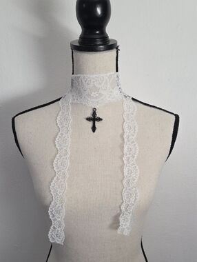 White Lace Choker Necklace with Black Cross Pendant